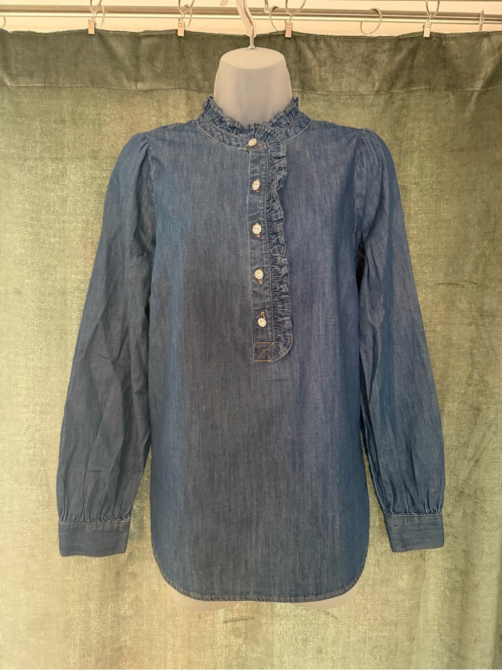 Talbots Denim Ruffle-Front Button-Down Long Sleeve Blouse NWT -Medium